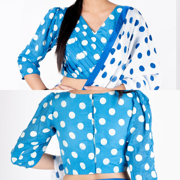 Women's Blue Polka Dotted Front Side Pleadted Padded Chiffon Blouse - Boveee