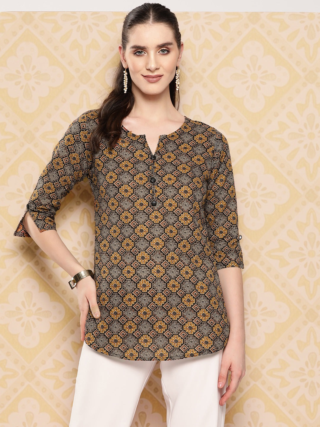 Women's Brown Geometric Alia-Cut Top - Yufta