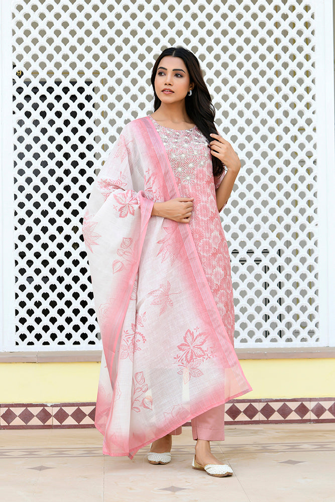 Women's Pink Tissue Linen Embroidered Solid Kurta Set With Solid Pants & Printed Dupatta - Vaasva Jaipur