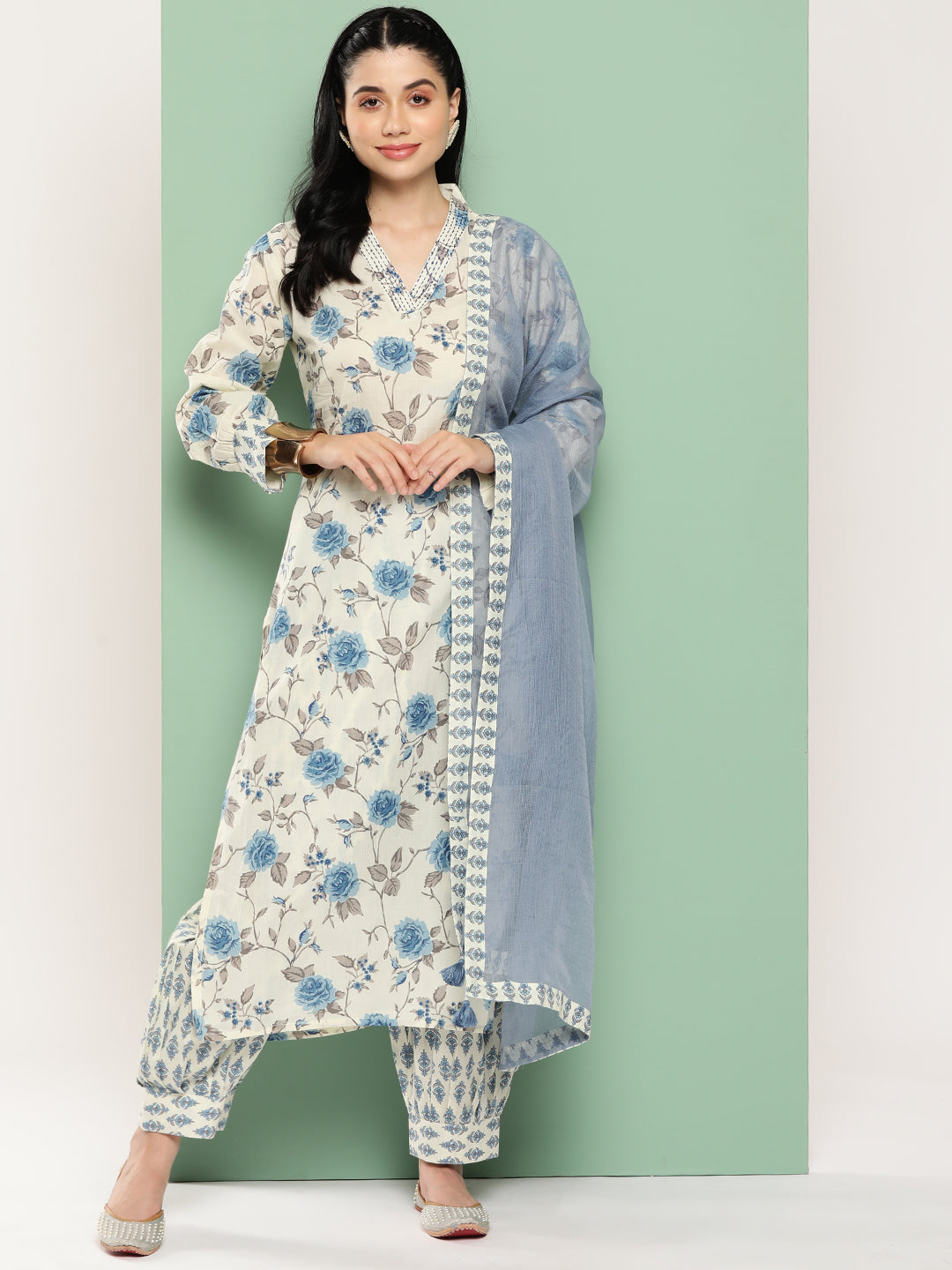 Women's - Blue Cotton Printed Kurta Dupatta Set - Yufta