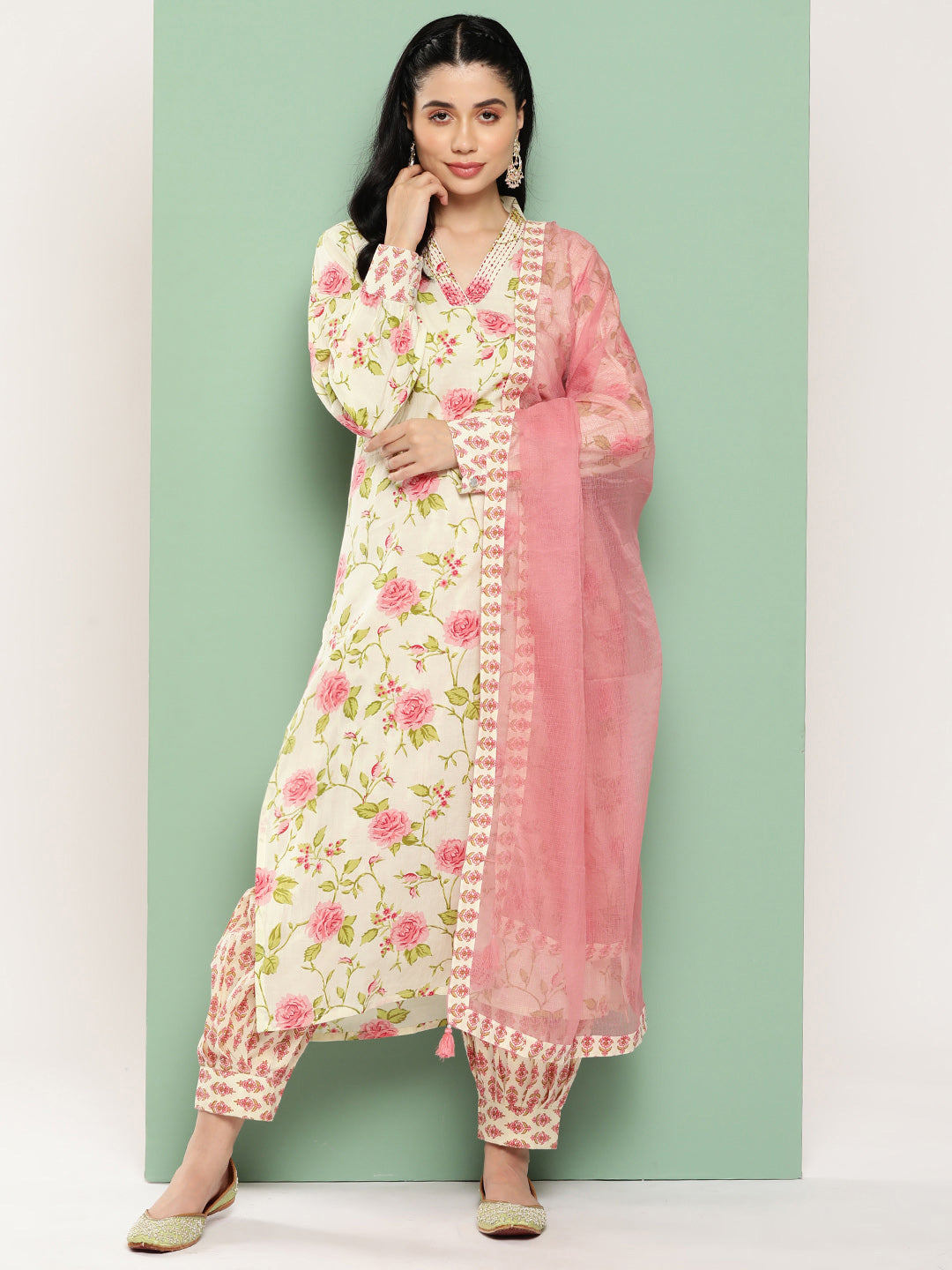 Women's - Pink Cotton Printed Kurta Dupatta Set - Yufta