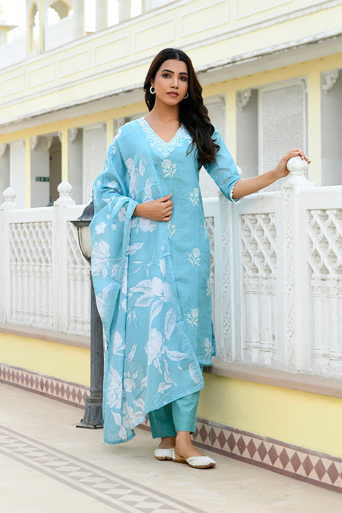 Women's Blue Kota Doria Embroidered Solid Kurta Set With Solid Pants & Printed Dupatta - Vaasva Jaipur