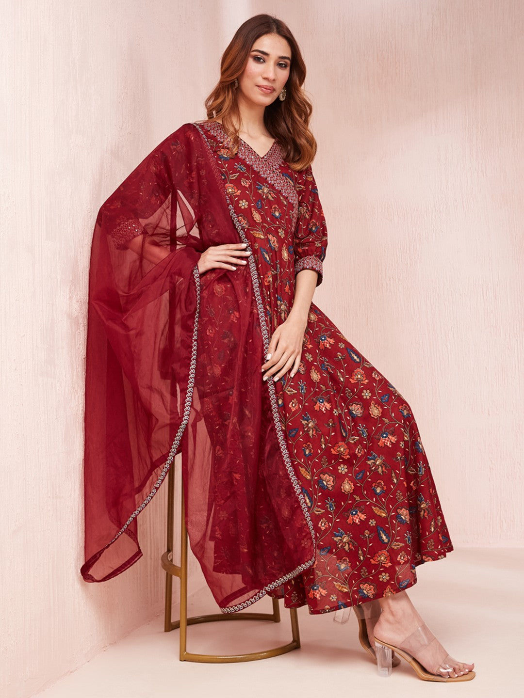 Women's Maroon Floral Print Zari_Work Anarkali Kurta Trouser And Dupatta Set - Yufta