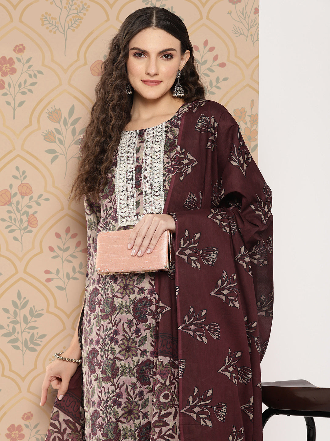 Women's - Maroon Cotton Printed Kurta Dupatta Set - Yufta