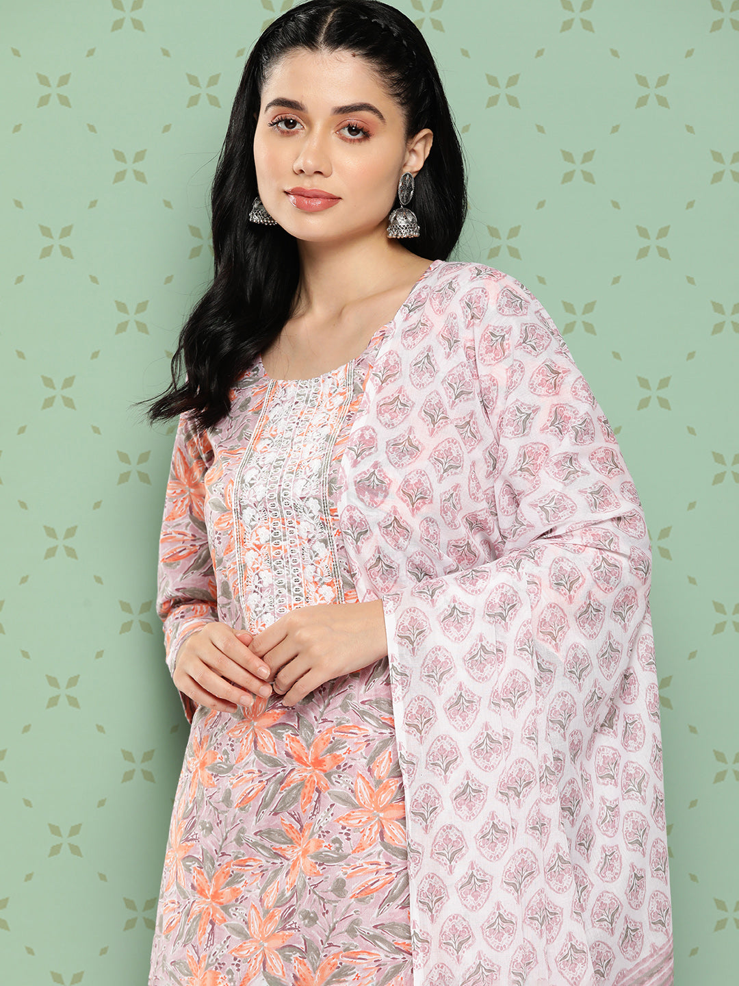 Women's - Pink Cotton Printed Kurta Dupatta Set - Yufta