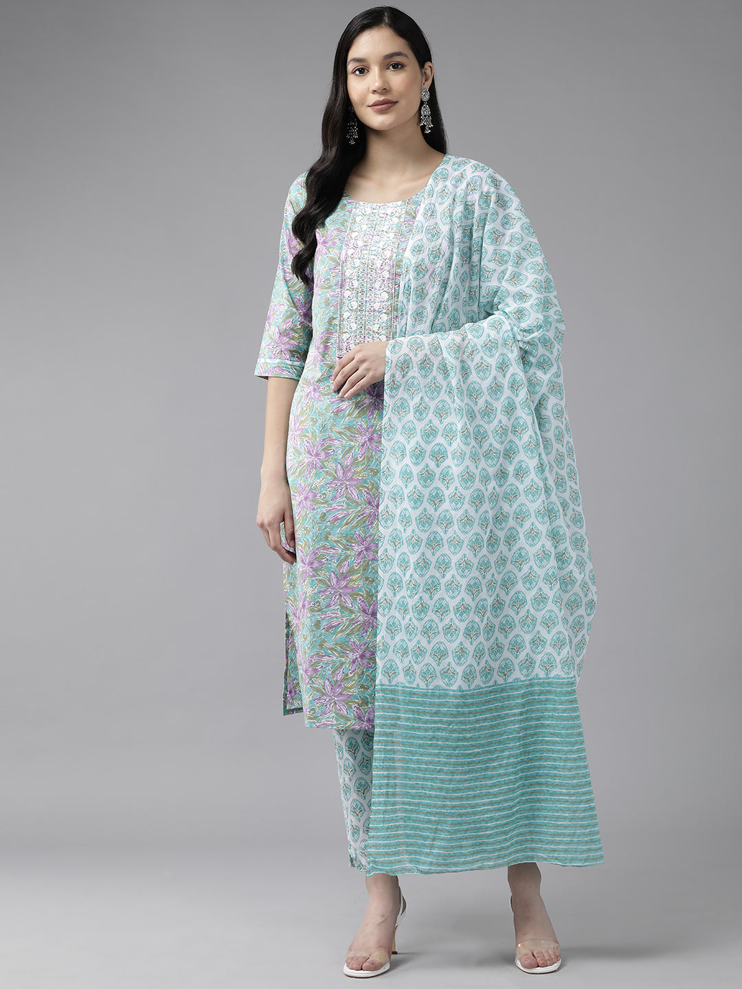 Women's - Sea Green Cotton Printed Kurta Dupatta Set - Yufta