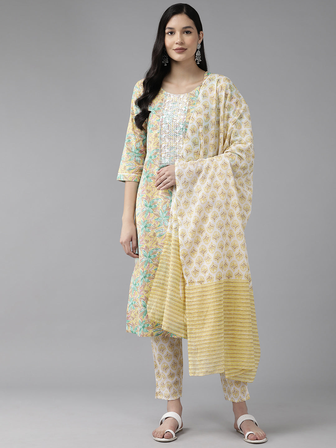 Women's - Yellow Cotton Printed Kurta Dupatta Set - Yufta