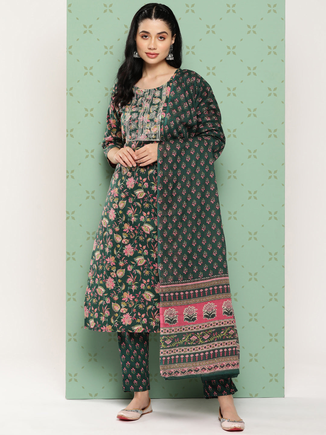 Women's - Teal Green Cotton Printed Kurta Dupatta Set - Yufta