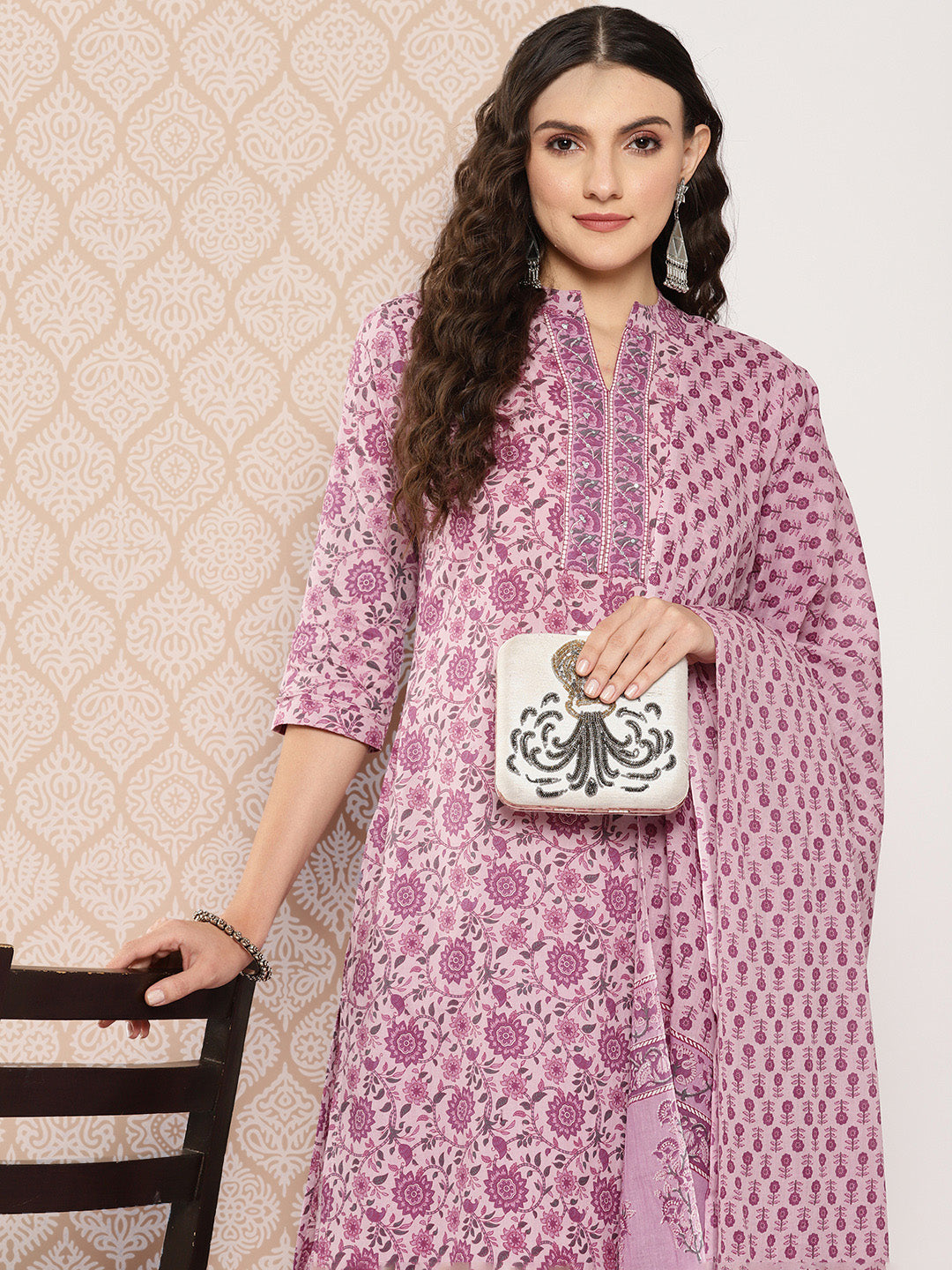 Women's - Lavender Cotton Printed Kurta Dupatta Set - Yufta