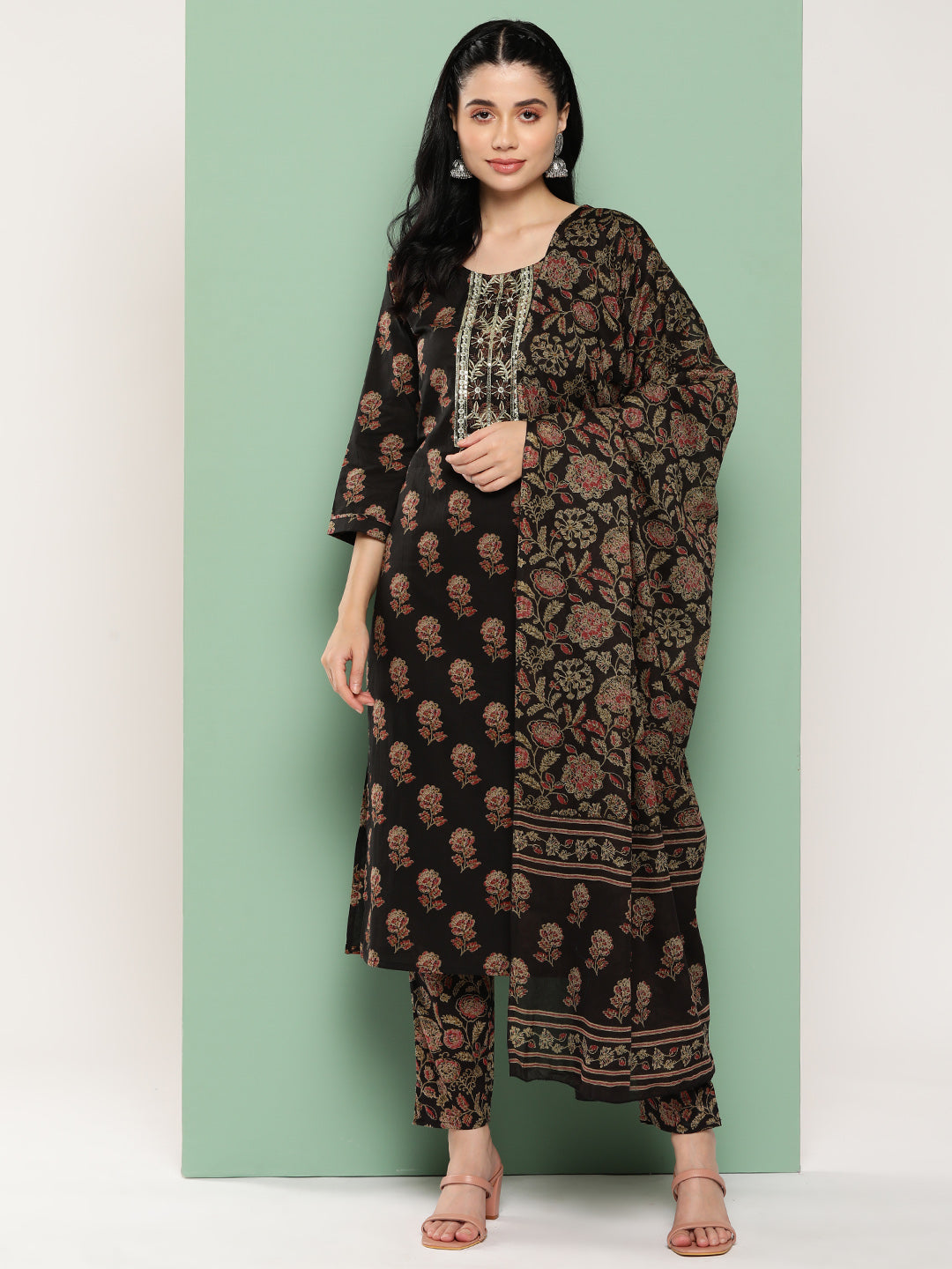 Women's - Brown Cotton Printed Kurta Dupatta Set - Yufta