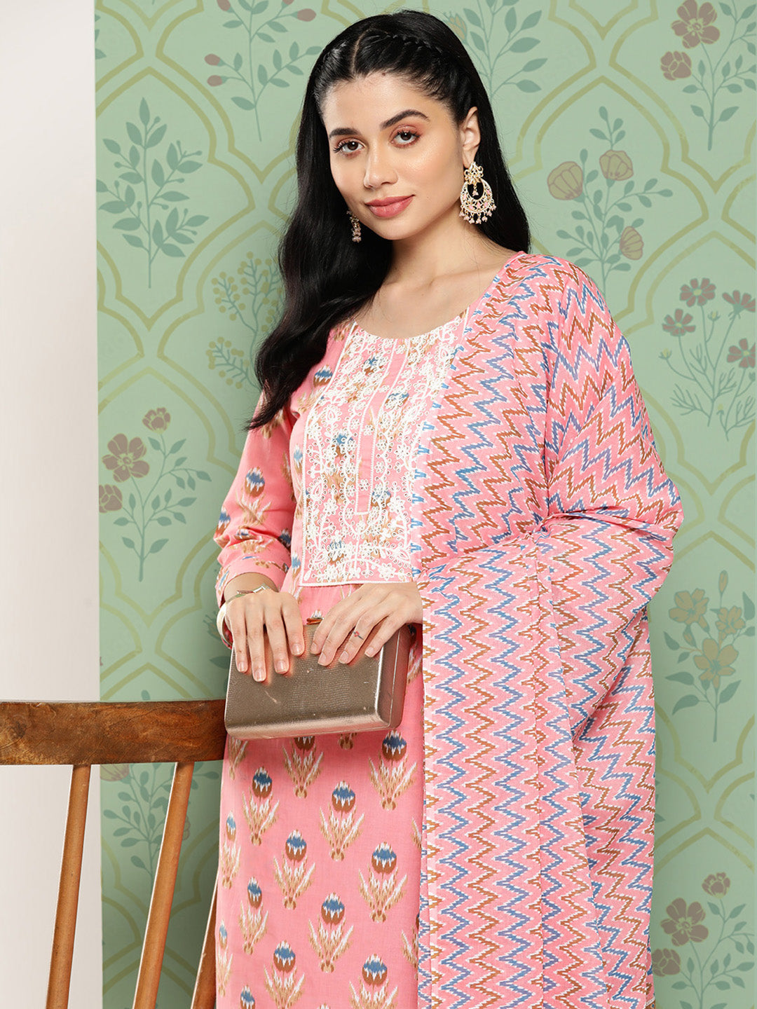 Women's - Peach Cotton Printed Kurta Dupatta Set - Yufta