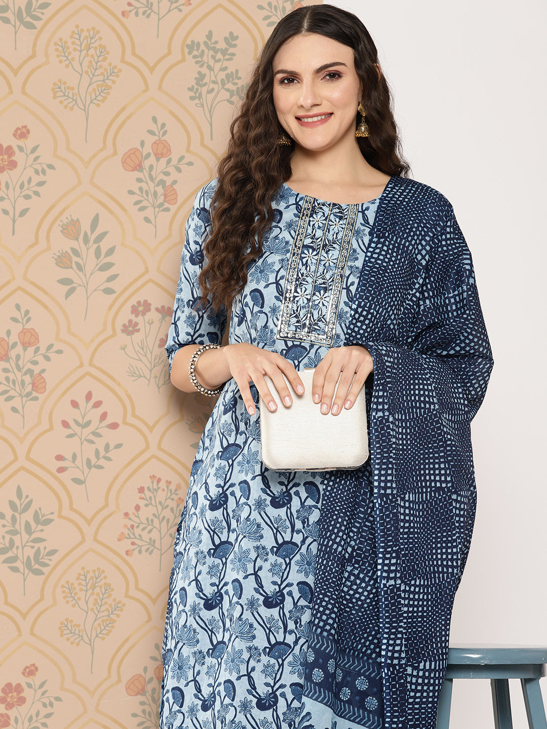 Women's - Blue Cotton Printed Kurta Dupatta Set - Yufta