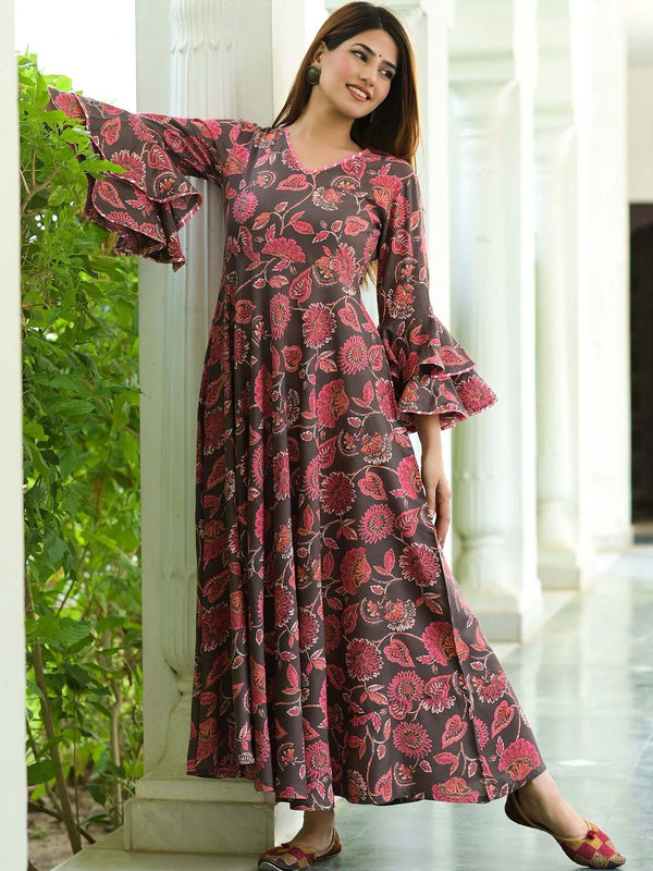 Women's Elegant Grey Floral Rayon Dress - Hatheli