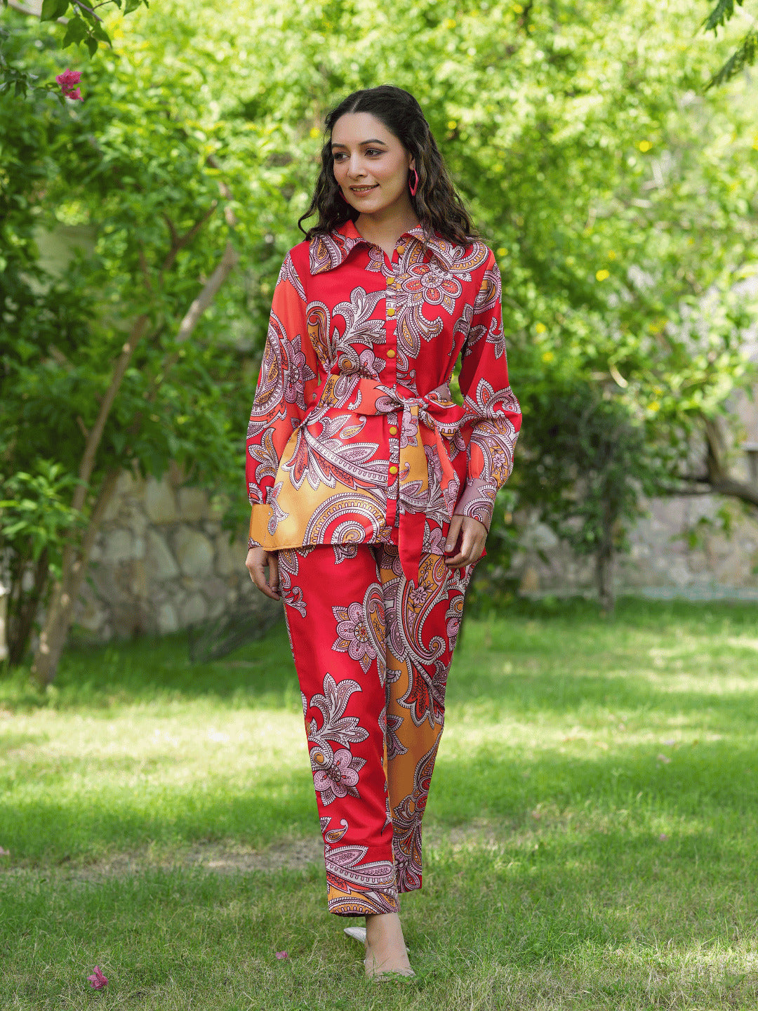 Women's - Red Paisley Printed Co-Ord Set - Yufta