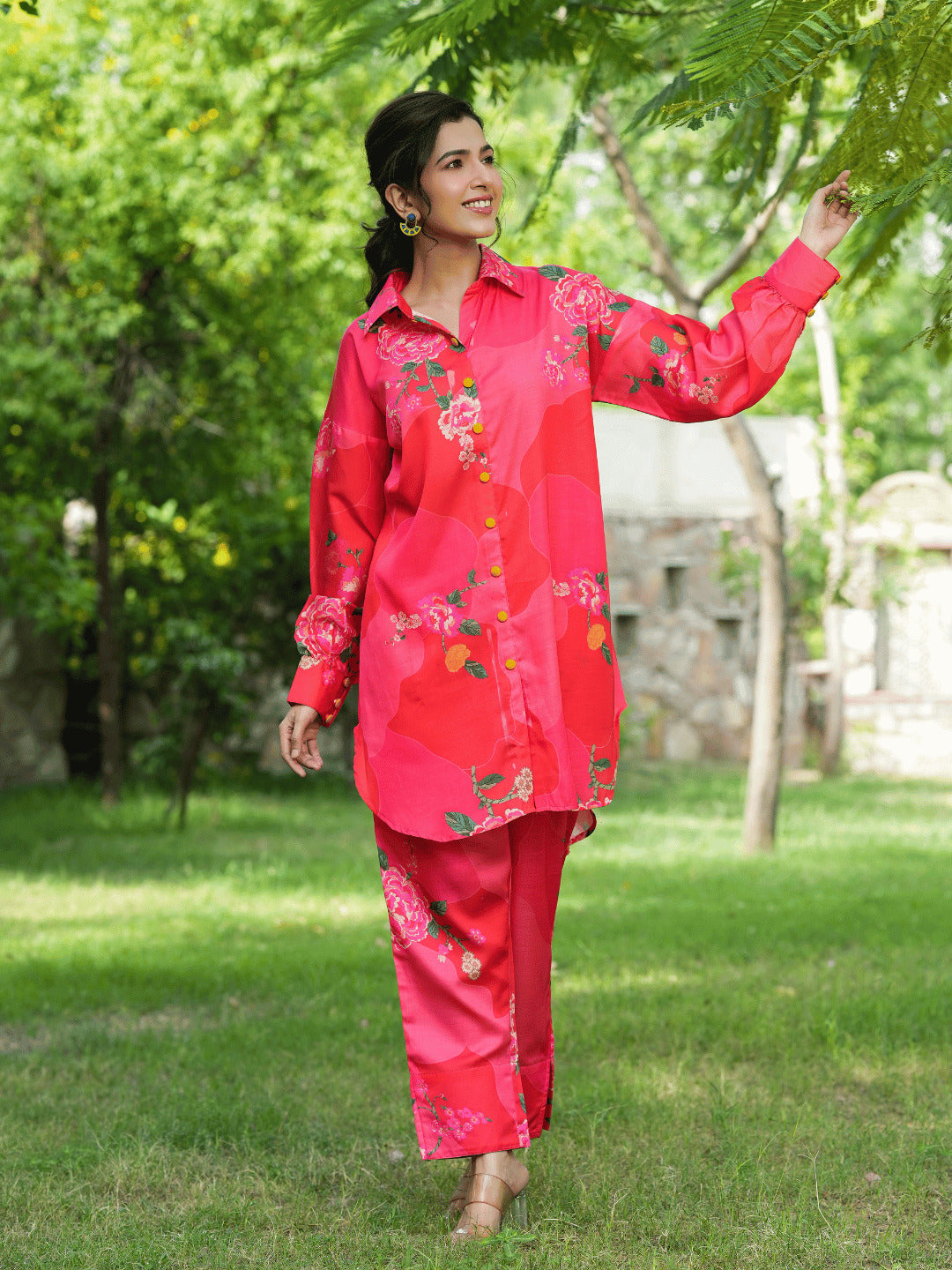 Women's - Pink Floral Print Shirt And Trouser Co Ords - Yufta