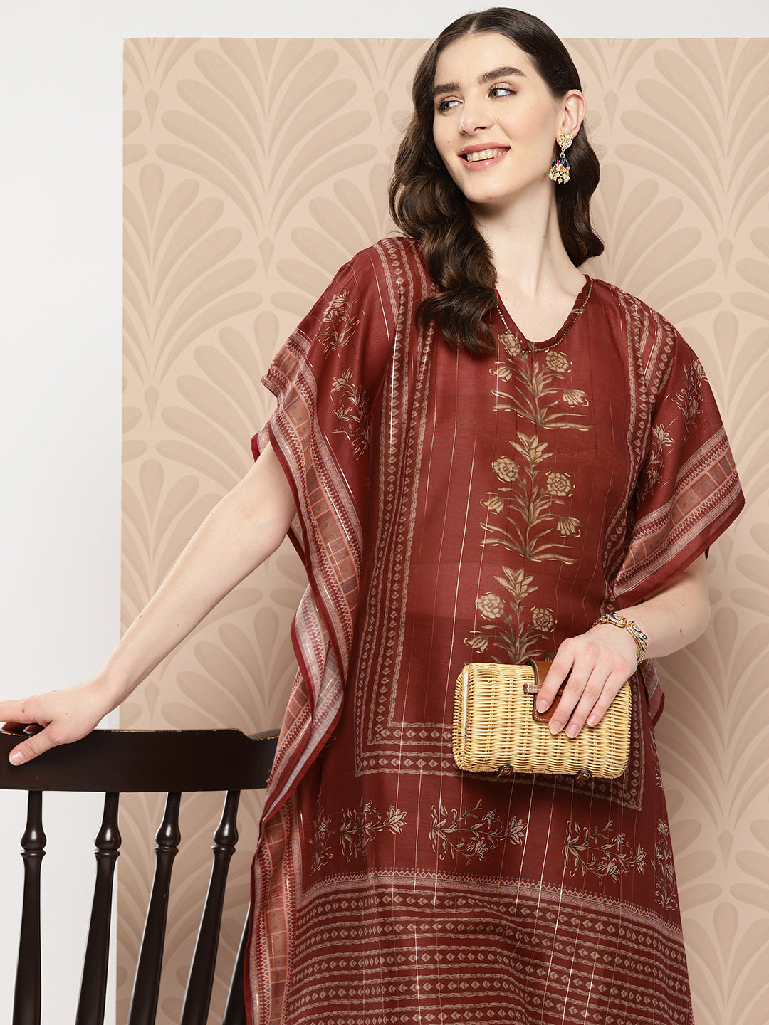 Women's Maroon Cutdana_Work Floral Print Kaftan Kurta - Yufta