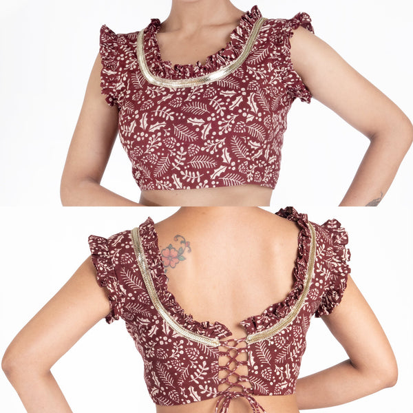 Women's Maroon Printed Cotton Padded Blouse With Ruffel And Back Dori - Boveee