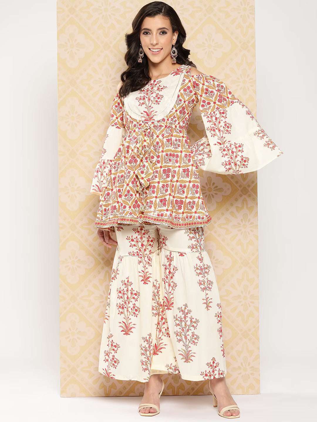 Women's -Cream Floral Print Peplum And Sharara Co Ord - Yufta