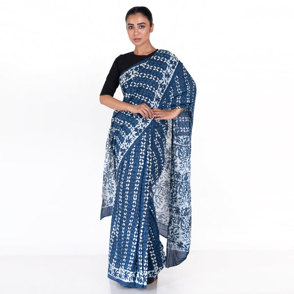 Women's Indigo Handloom Bagru Cotton Saree With Honeycumb Print - Boveee