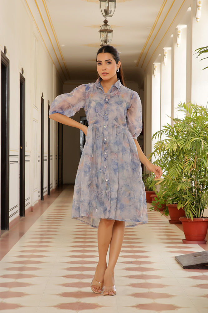 Women's Sky Blue Organza Marble Printed Dress - Vaasva Jaipur