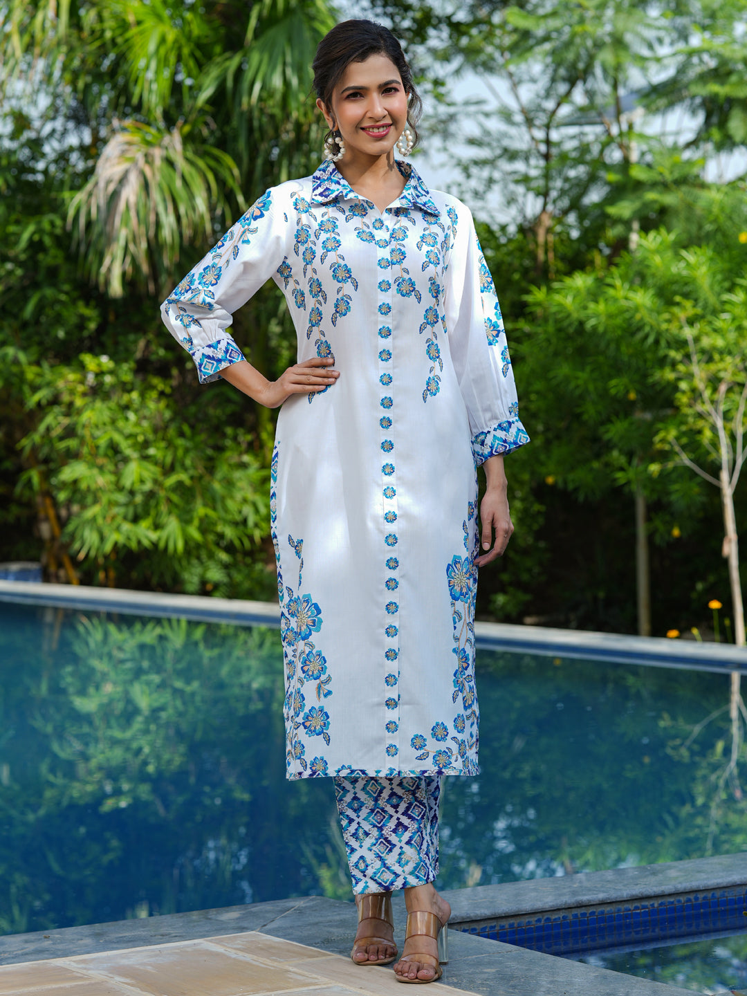 Women's -Blue And White Floral Print Tunic And Trouser Co Ords - Yufta