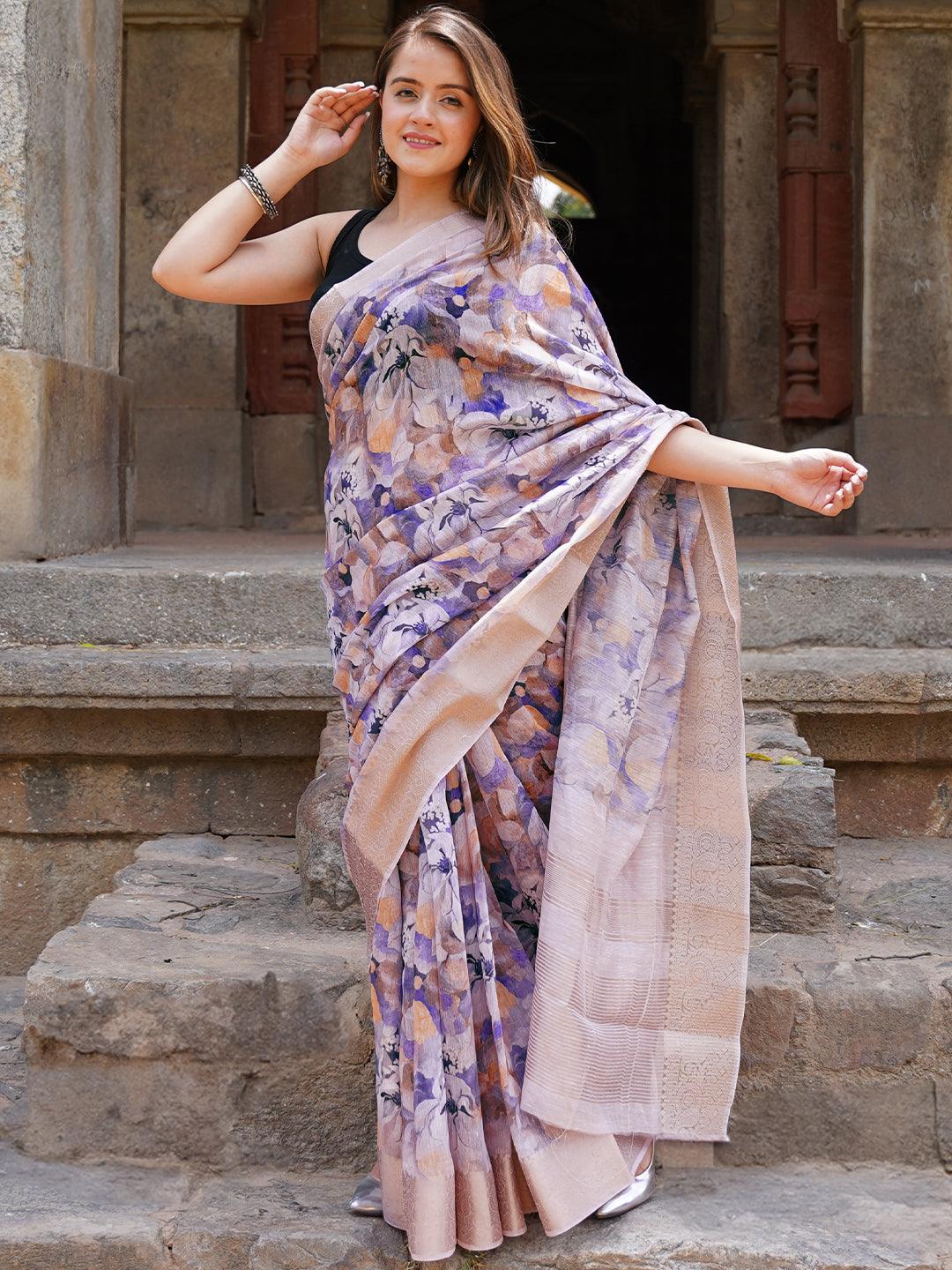 Blue Printed Silk Blend Saree With Unstitched Blouse Piece - Jashvi