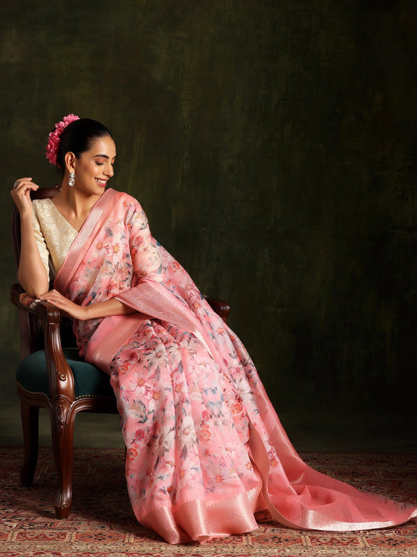 Pink Printed Silk Blend Saree With Unstitched Blouse Piece - Jashvi