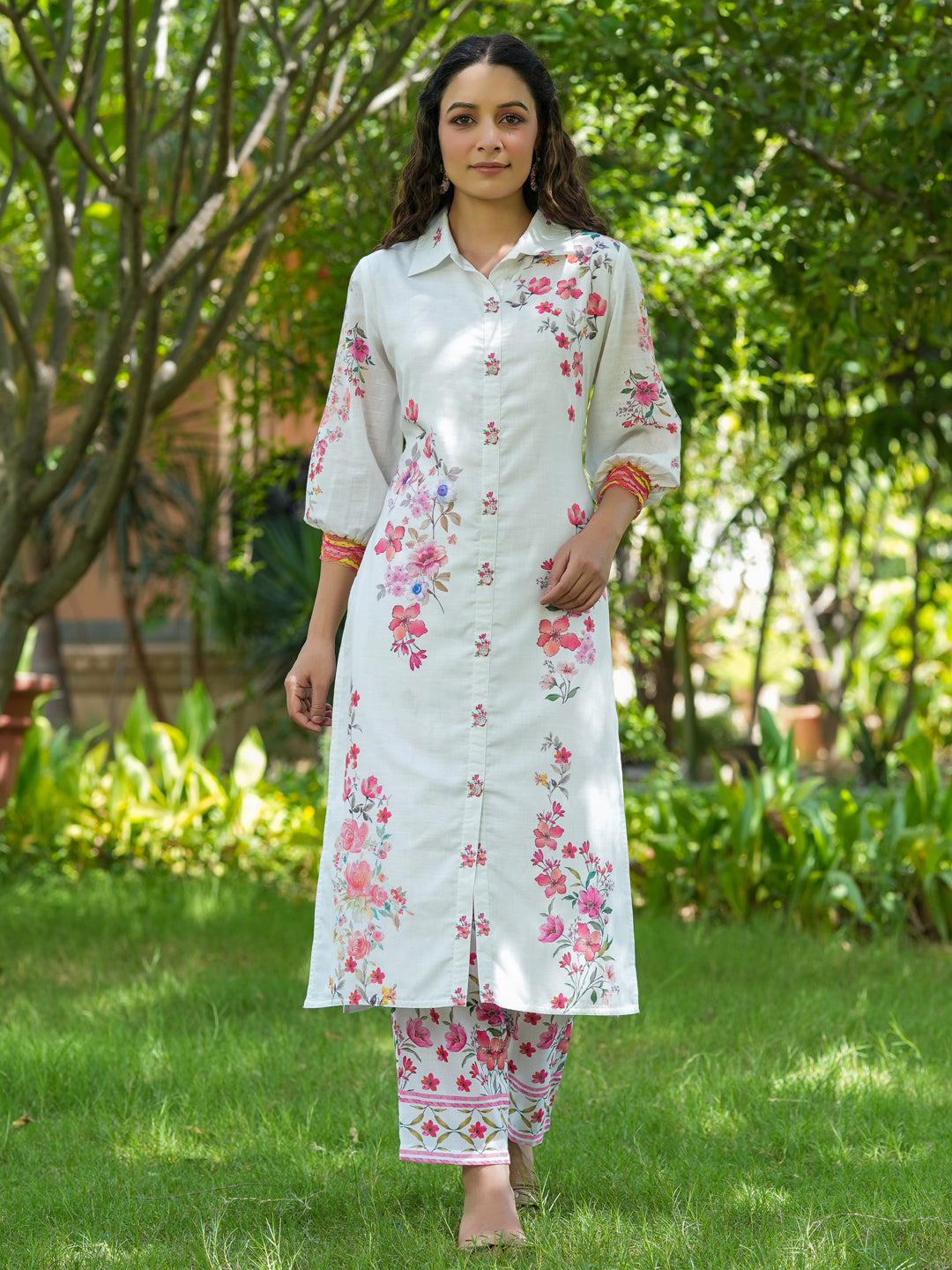 Women's -Pink And White Floral Print Tunic And Trouser Co Ords - Yufta