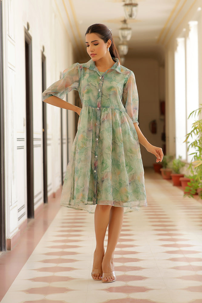 Women's Green Organza Marble Printed Dress - Vaasva Jaipur