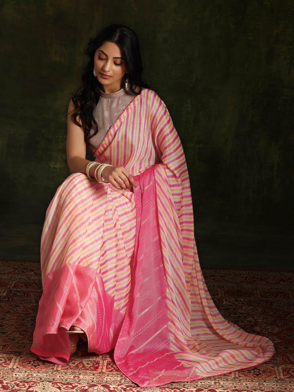 Pink Printed Silk Blend Saree With Unstitched Blouse Piece - Jashvi