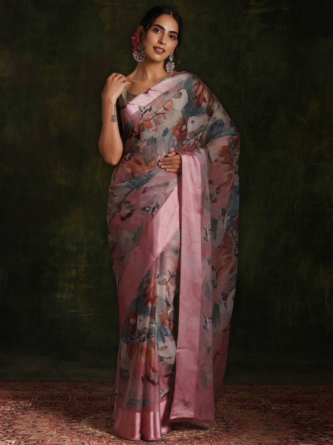 Pink Printed Silk Blend Saree With Unstitched Blouse Piece - Jashvi