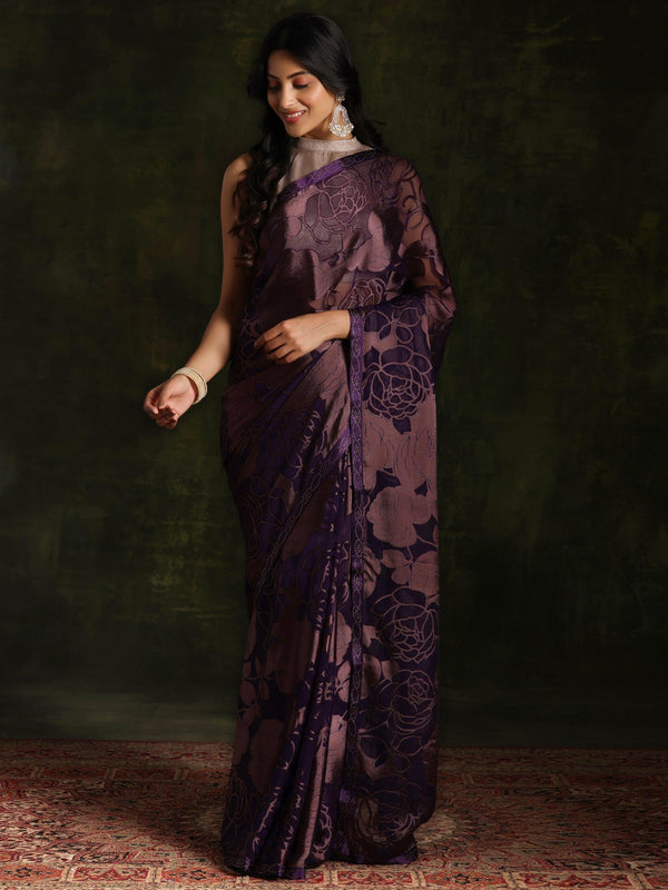 Purple Woven Design Brasso Saree With Unstitched Blouse Piece - Jashvi