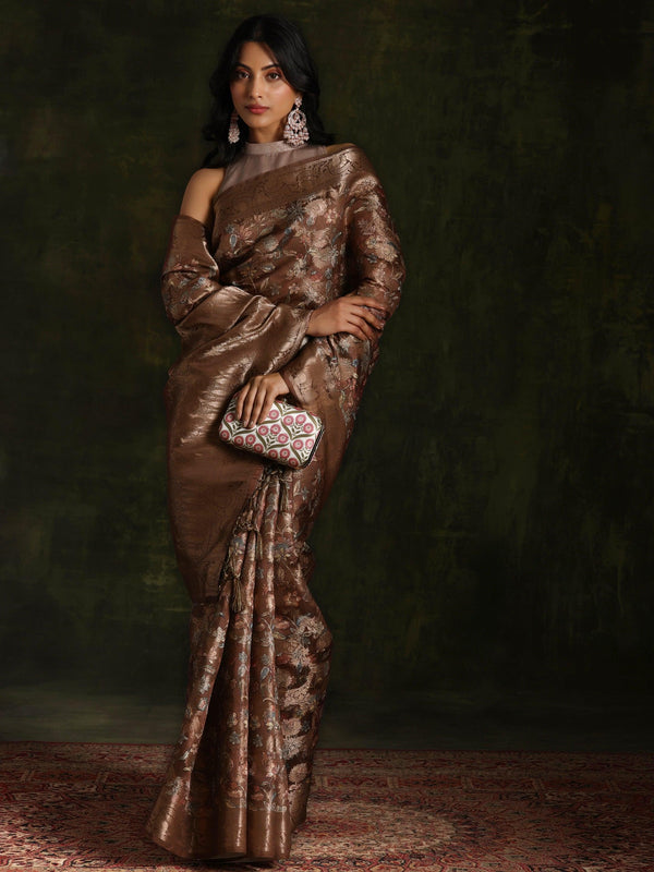 Brown Woven Design Brocade Saree With Unstitched Blouse Piece - Jashvi