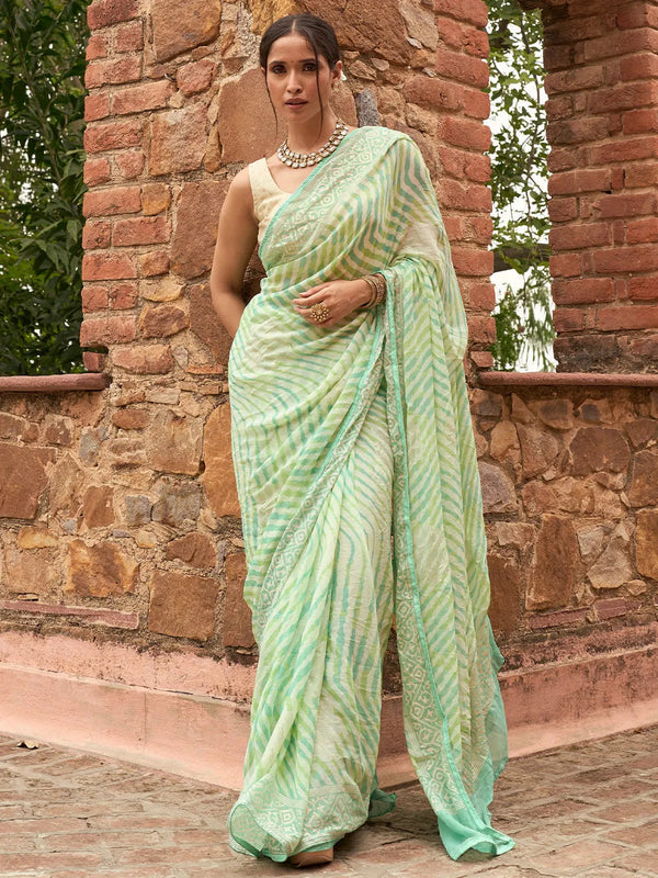 Green Printed Poly Georgette Saree With Unstitched Blouse Piece