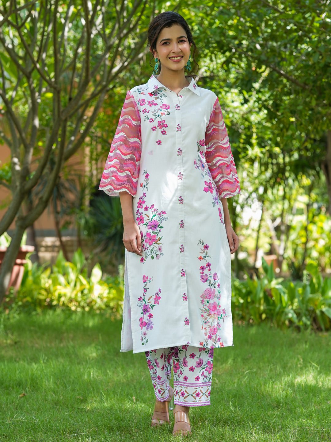 Women's -Pink And White Floral Print Tunic And Trouser Co Ords - Yufta