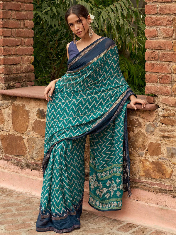 Green Printed Poly Georgette Saree With Unstitched Blouse Piece