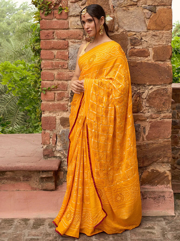 Mustard Printed Poly Georgette Saree With Unstitched Blouse Piece