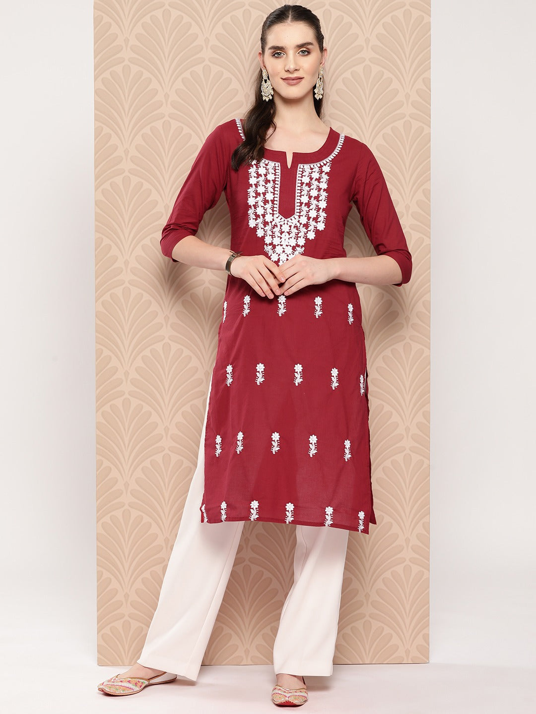 Women's Maroon Chikankari Straight Kurta - Yufta