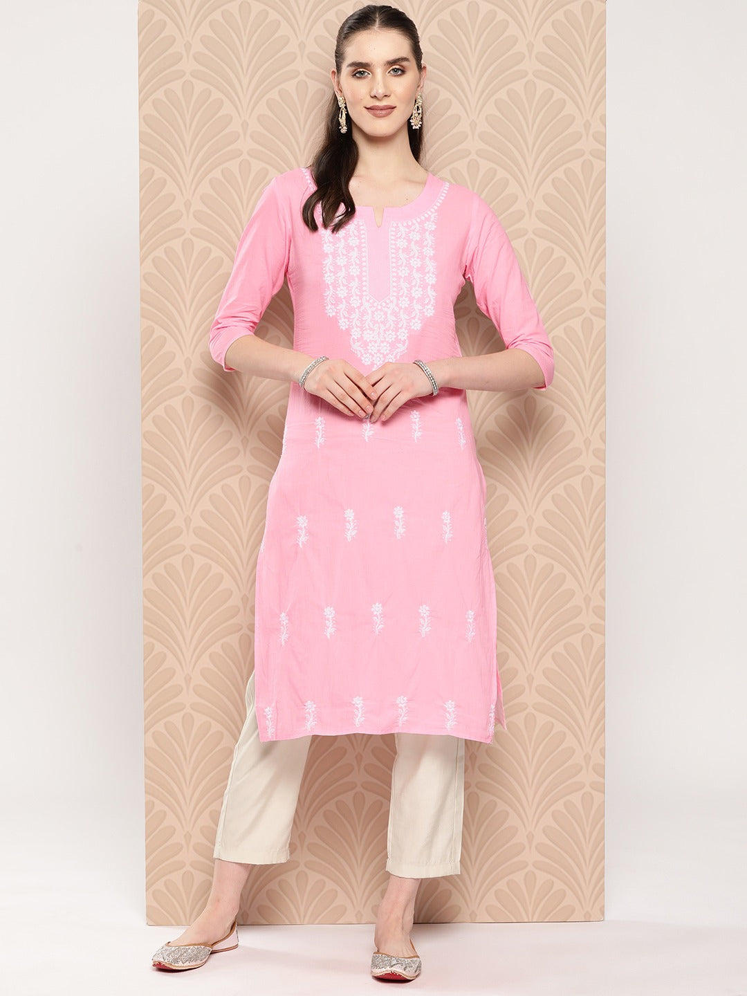 Women's Light Pink Chikankari Straight Kurta - Yufta