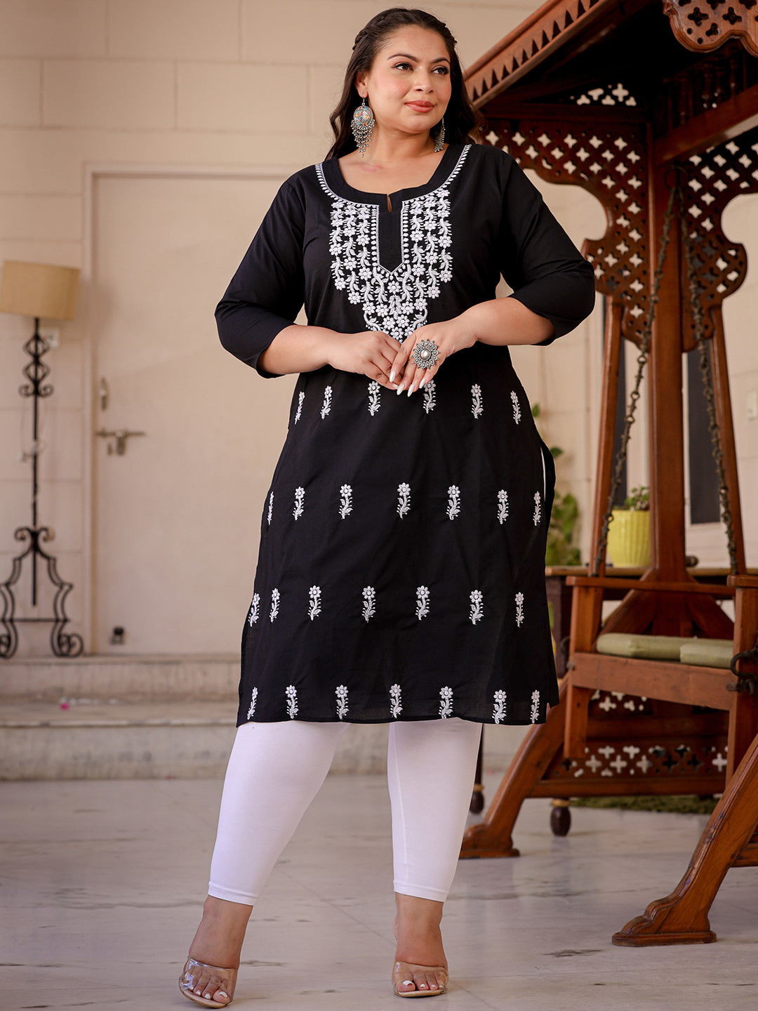 Women's Black Chikankari Straight Plus Size Kurta - Yufta