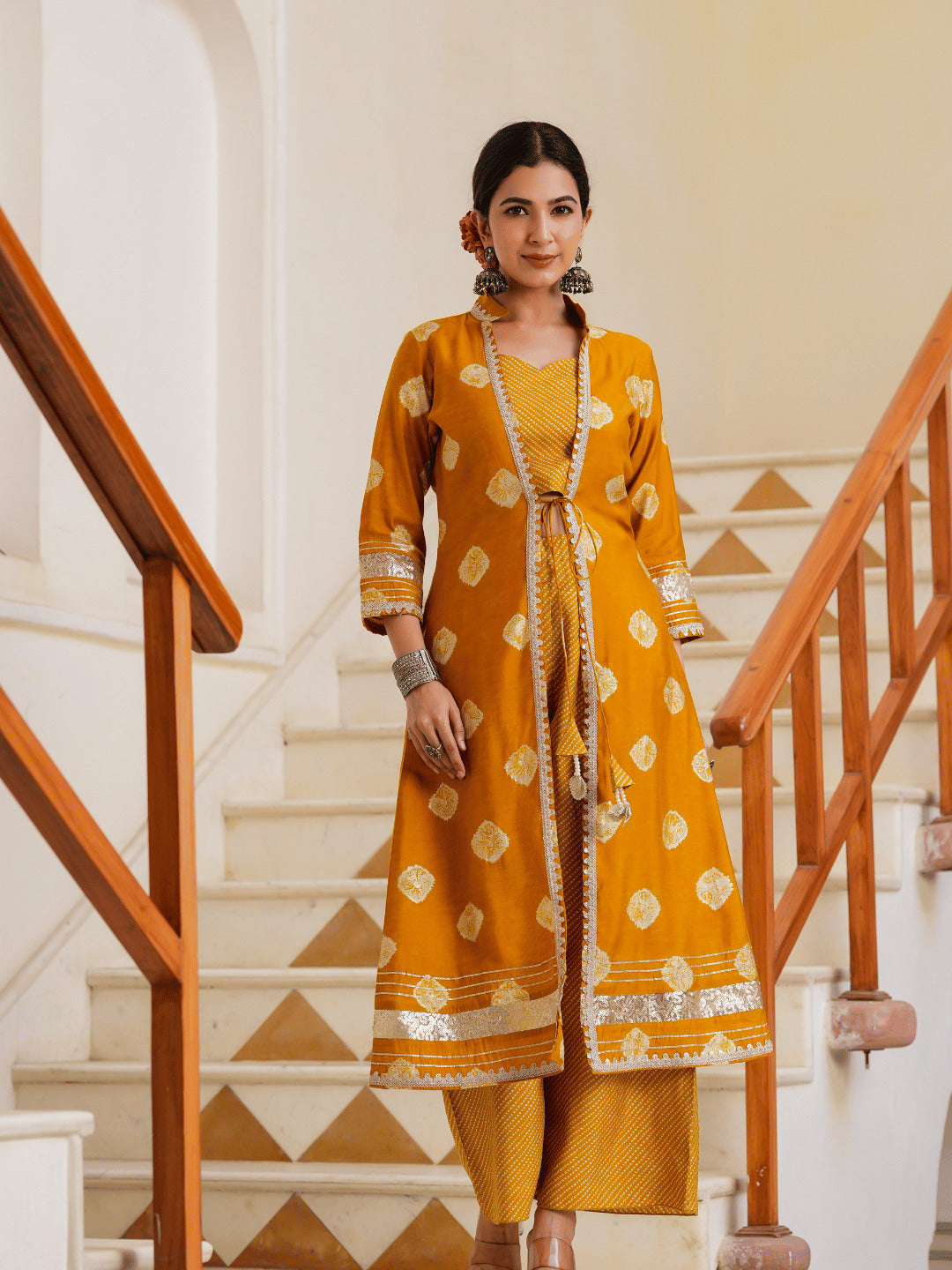 Women's -Mustard Ethnic Motifs Crop Top And Palazzo With Shrug Co Ords - Yufta