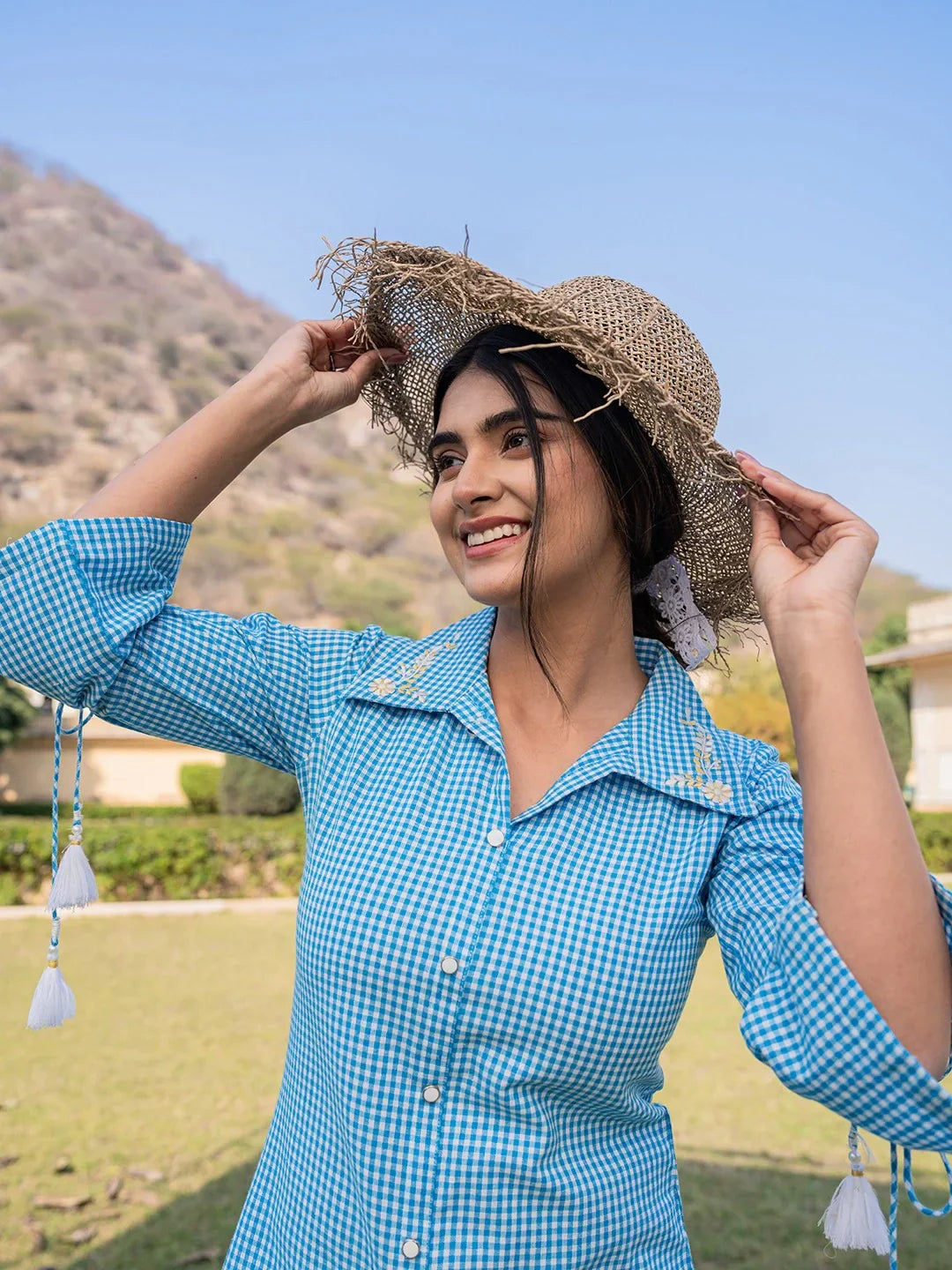 Women's Sky Blue Cotton Checks Printed Top With Embroidery - Yufta