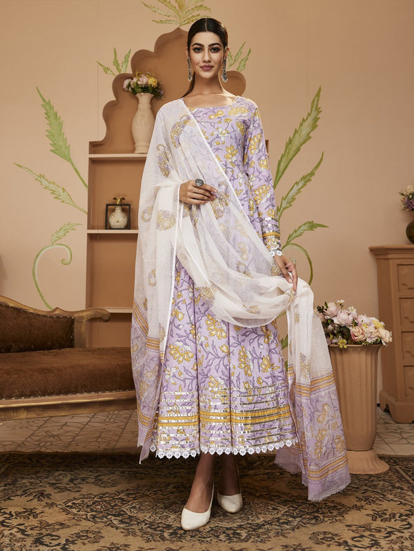 Jashvi Handblock Printed Lavender Anarkali Cotton Kurta With Trousers & Dupatta