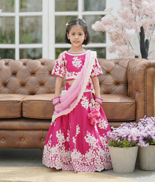 Girl's Pink Lehenga Choli And Pink Organza Dupatta - Fayon Kids