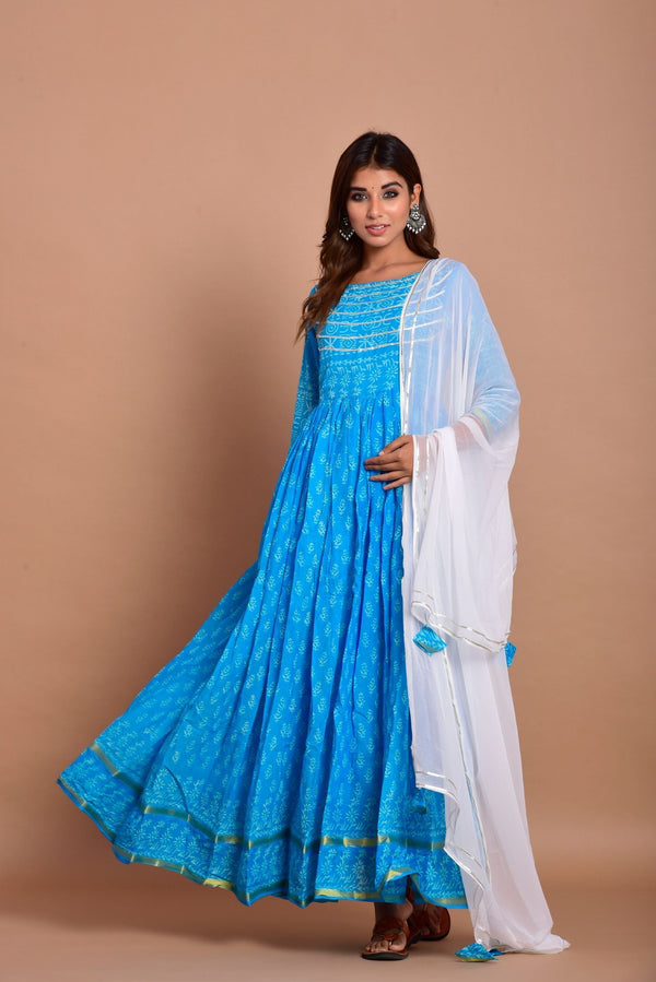 Women's Blue Anarkali Kurta With Dupatta Set- (2Pcs Set) - Saras The Label