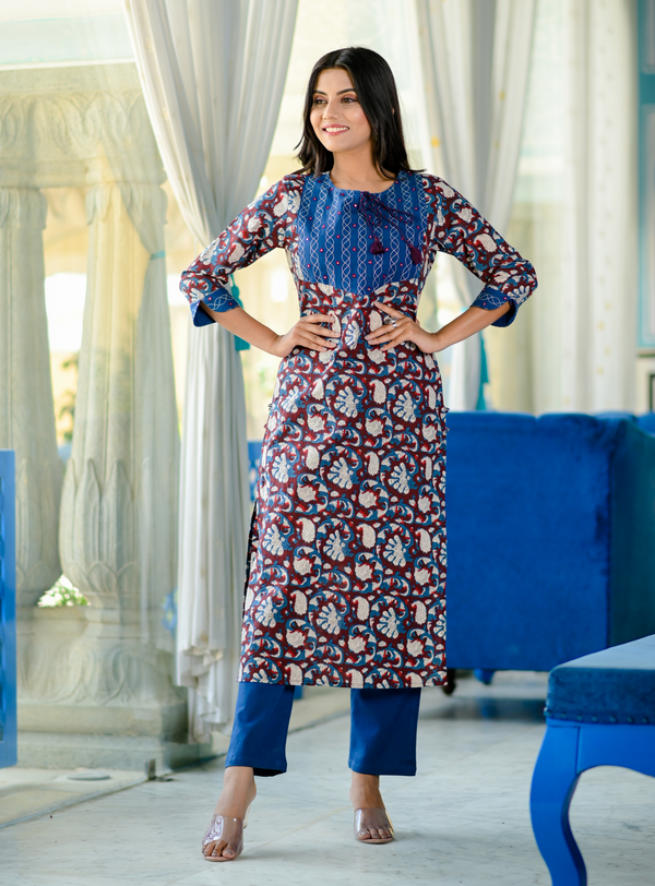 Women's Blue Handblock Kurta Set - Yufta