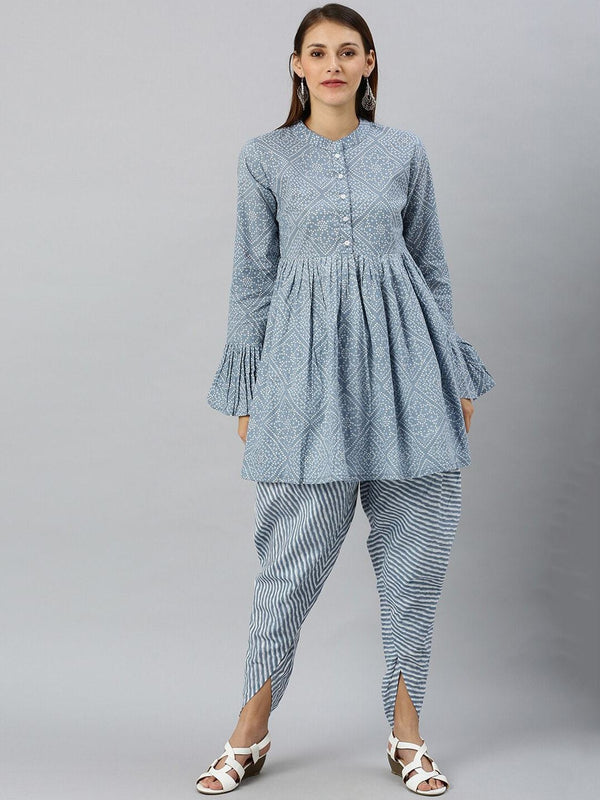 Women's  Blue & White Bandhani Printed Kurta with Dhoti Pants - AKS