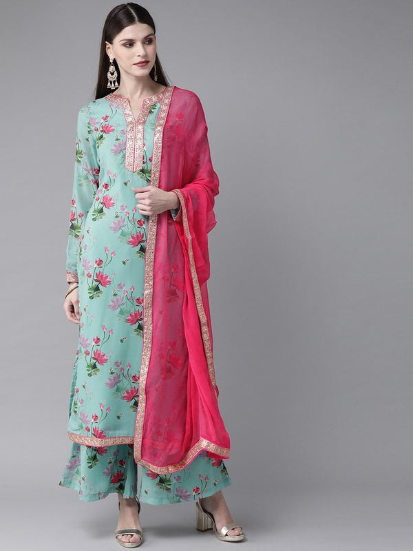 Women's  Blue & Pink Printed Kurta with Palazzos & Dupatta - AKS