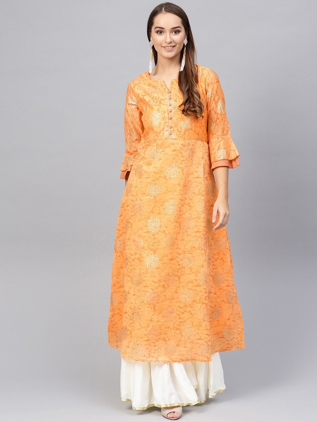 Women's Orange & Golden Printed Kurta - Yufta