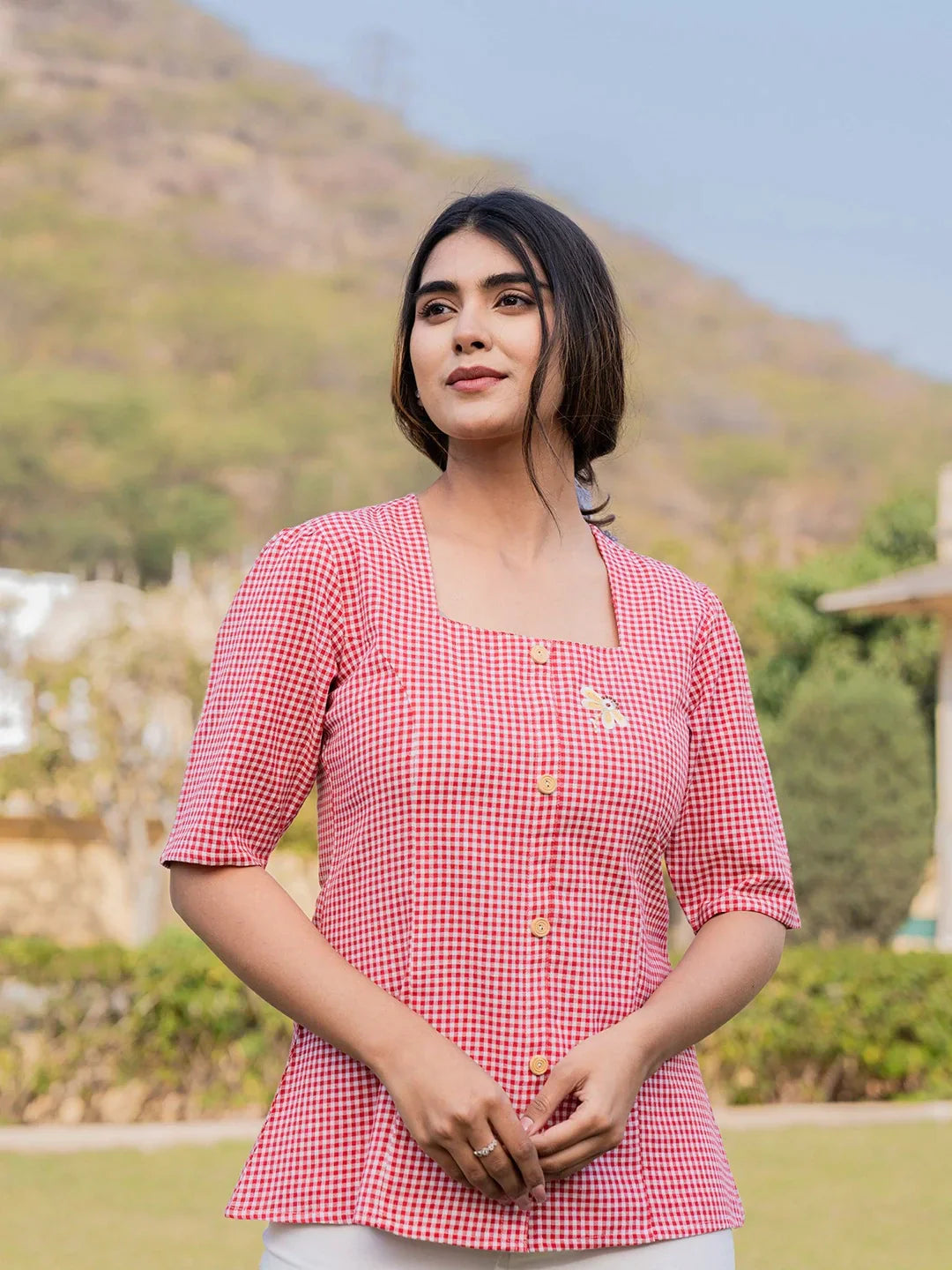 Women's Red Cotton Checks Printed Top With Embroidery - Yufta